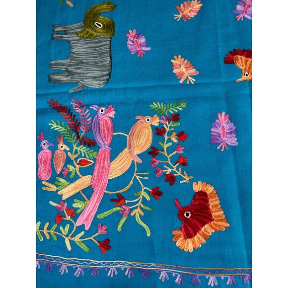 LA LO LA- Vibrant Blue embroidered Shawl with tassels-  80x30" preowned birds - Picture 9 of 9